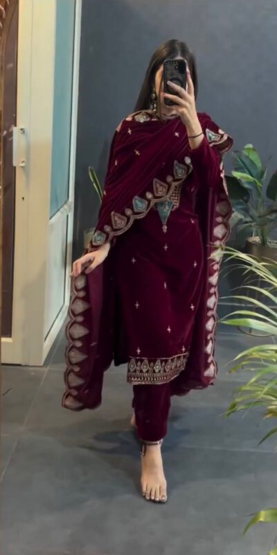 Maroon Viscose Velvet Embroidery Work Salwar Suit