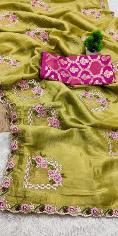 Mehendi Paper Silk Crush With Embroider Saree