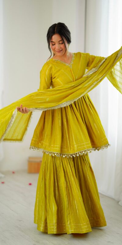 Mustard Mal Chanderi Mirror Work Salwar Suit