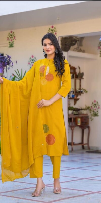 Mustered Chanderi Embroidery Mirror Work Salar Suit