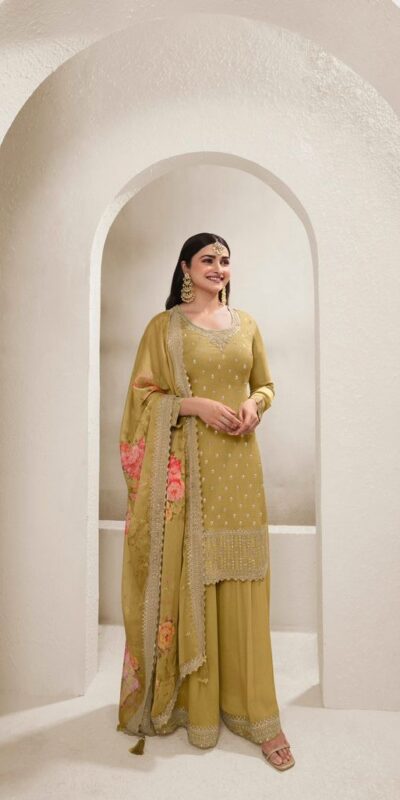 Mustered Viscose Chinon Embroidery Work Salwar Suit