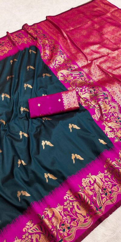 Navy Blue Banarasi Silk Weaving Lace Zari Work Saree