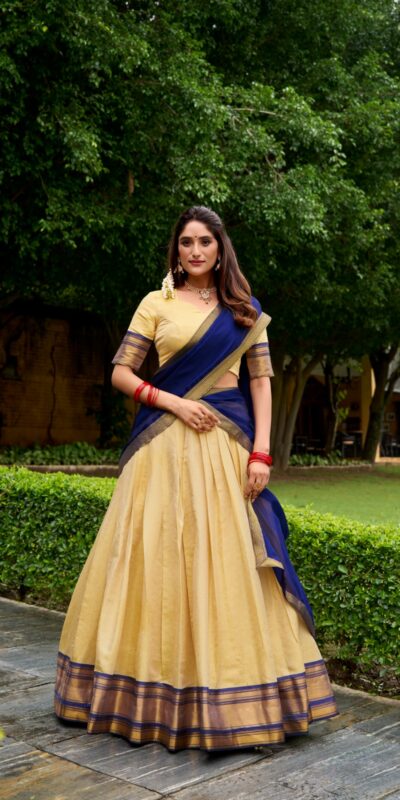 Navy Blue Kanchipuram Zari Lace Work Lehenga Choli