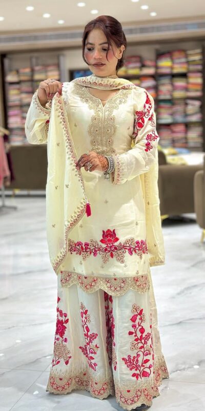 Off White Chinon Silk With Lace Work Salwar Suit