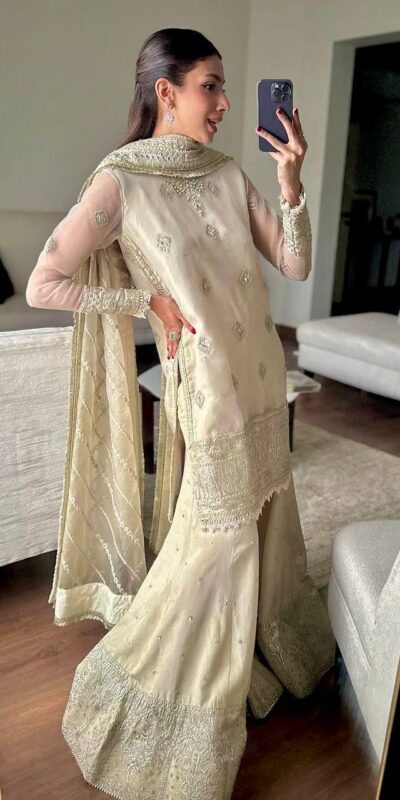 Off White Tabby Organza Embroidery Work Salwar Suit