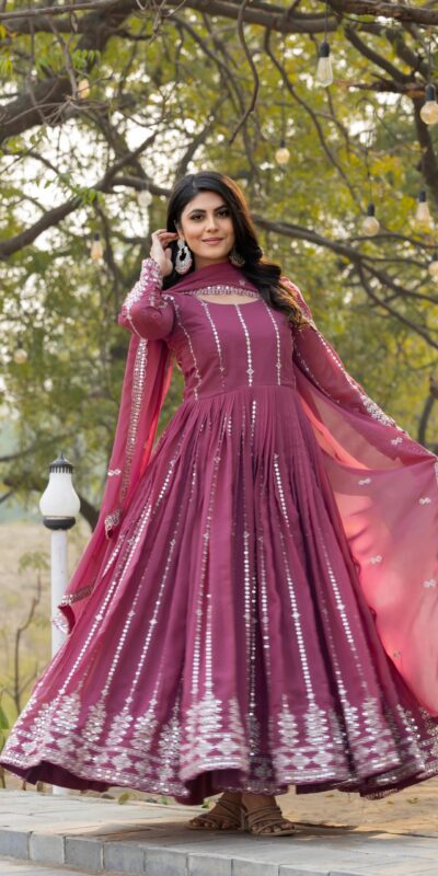 Onion Fox Georgette Embroidery Work Gown