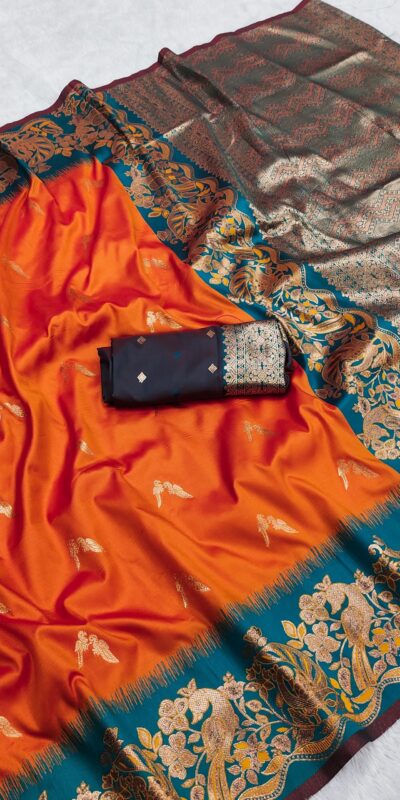 Orange Banarasi Silk Weaving Lace Zari Work Saree