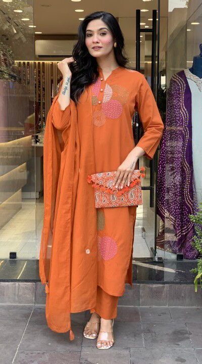 Orange Chanderi Embroidery Mirror Work Salar Suit