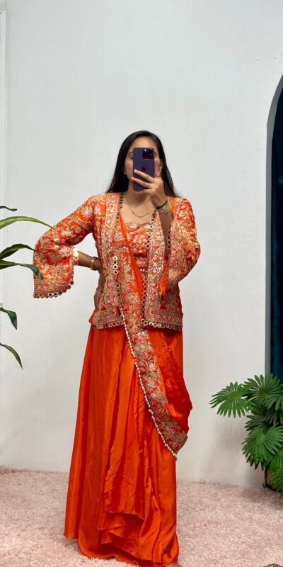 Orange Chinon Embroidery Lace Work Saree