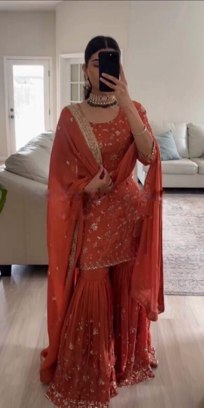 Orange Faux Georgette Lace Work Salwar Suit