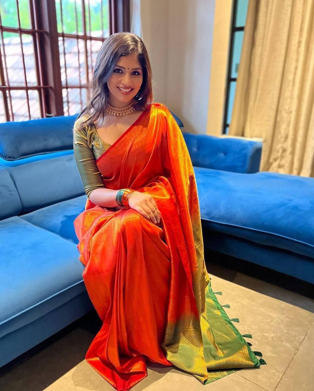 Orange Soft Lichi Silk Lace Work Border Saree - Image 3