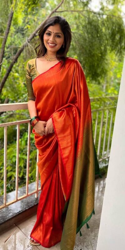 Orange Soft Lichi Silk Lace Work Border Saree