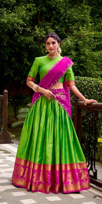 Parrot Green Poly Cotton Embroidery Zari Work Lehenga Choli