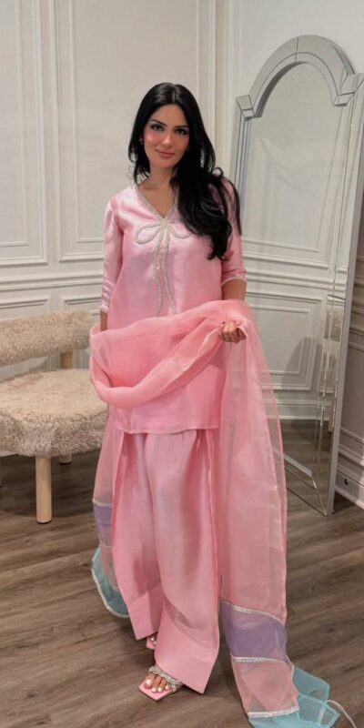 Peach French Crape Bead Work Salwar Suit