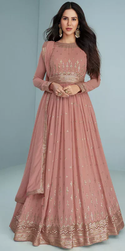FC 9293 Peach Georgette Salwar Suit with Embroidery Work. Wedding, Party, Festive, Events, Now at just ₹2649. Delivery 4-6 Working Days. Shop now. | Jump Suits, Salwar suit, Casual Suits, Creative suits, Designer Suits, Palazzo Suits, Party Wear Suits, Patiala Suits, Straight Suits