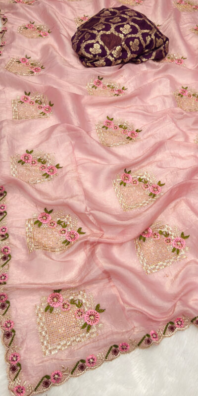 Peach Glod Crush Silk Embroidery Work Saree
