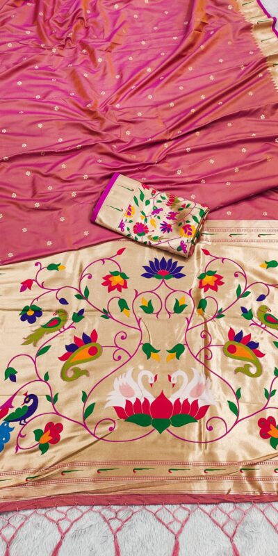 Peach Silk Zari Lace Work Saree