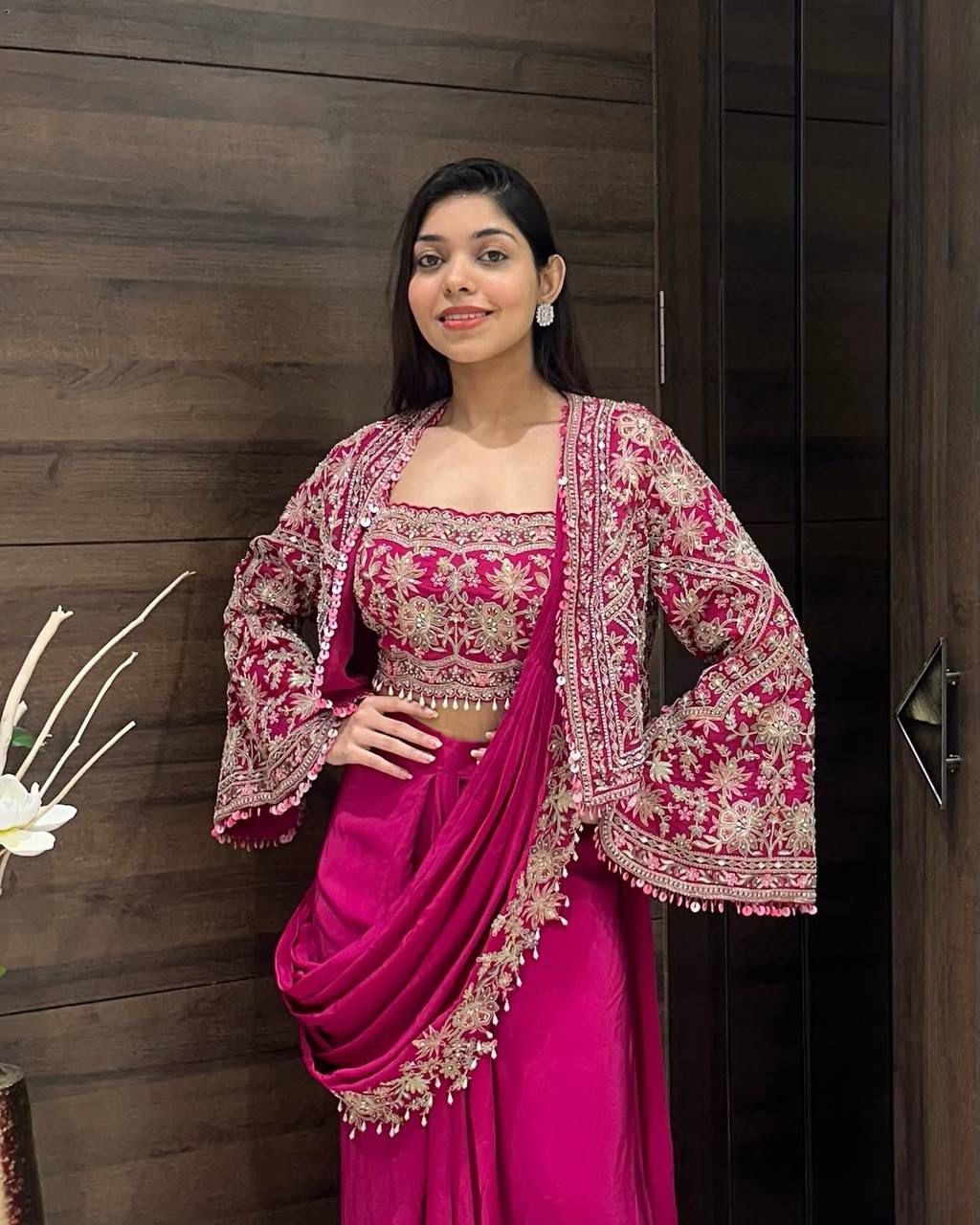 Pink Chinon Embroidery Lace Work Saree - Image 2