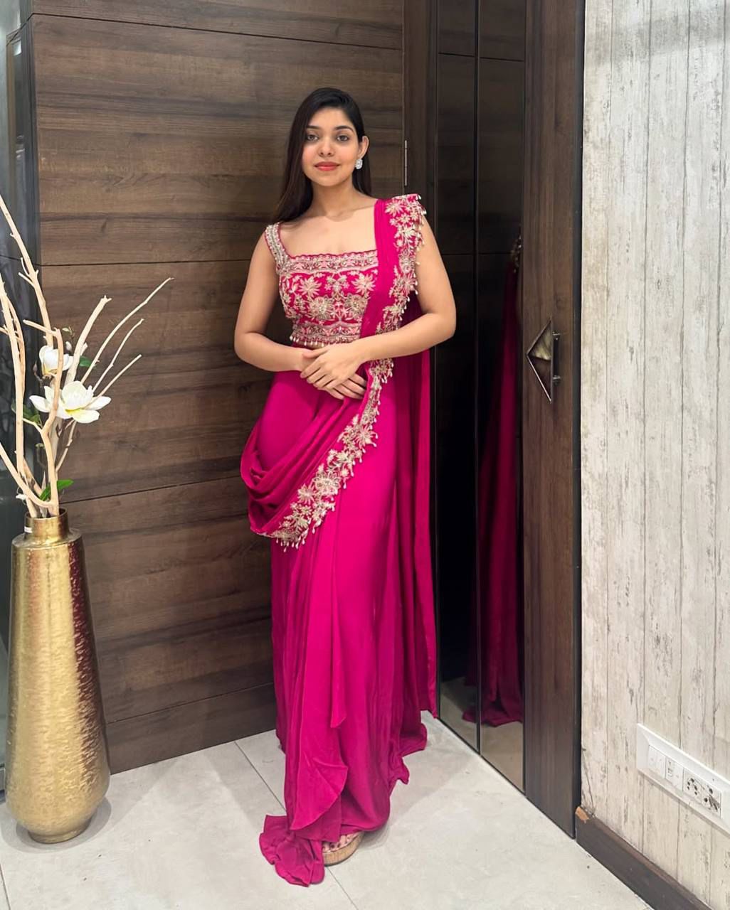 Pink Chinon Embroidery Lace Work Saree