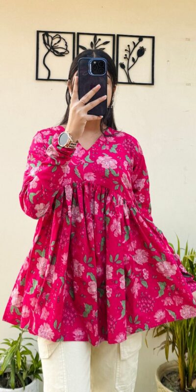 Pink Cotton With Printed Kurti