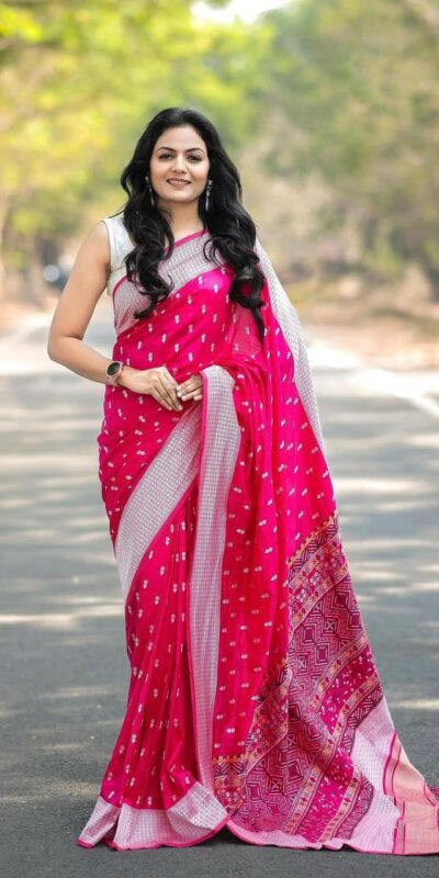 Pink Lichi Silk Border Lace Work Saree