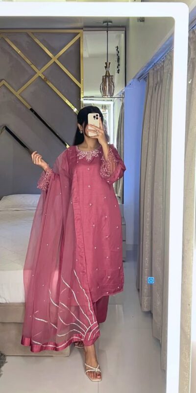Pink Moss Satin Embroidery Bead Work Salwar Suit