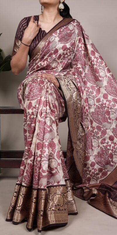 Pink Tasar Silk Lace Border Work Saree