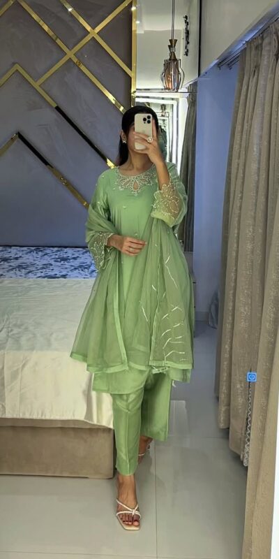 Pista Moss Satin Embroidery Bead Work Salwar Suit