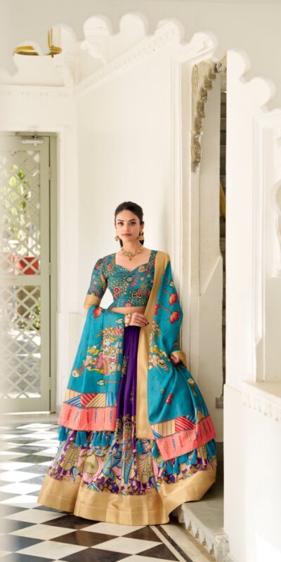 Purple Dola Silk Lace Work Kalamkari Print Lehenga Choli