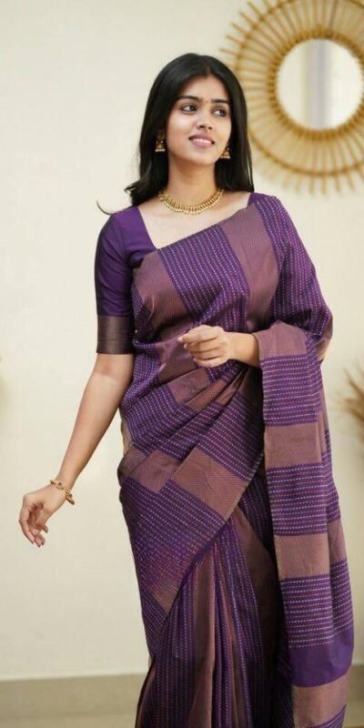 Purple Soft Lichi Silk Rich Pallu Work Border Saree