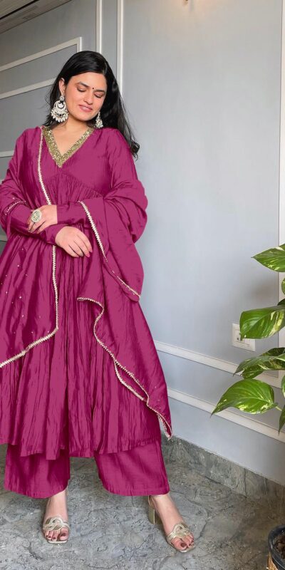 Rani Pink Chinon Silk Embroidery Gown