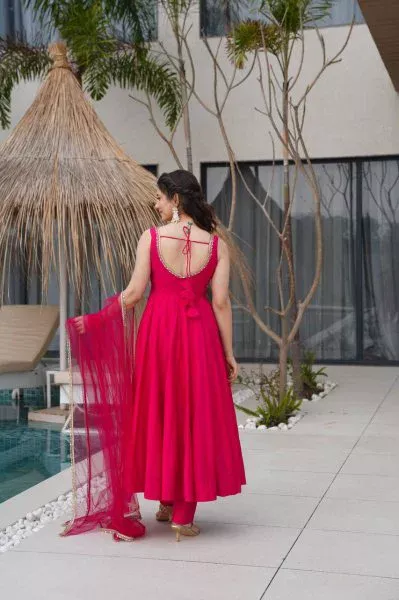 Rani Pink Roman Silk Chanderi Mirror Work Gown - Image 7