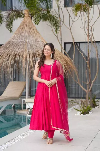Rani Pink Roman Silk Chanderi Mirror Work Gown