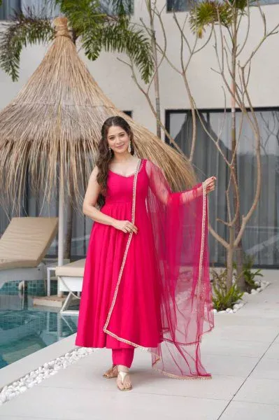 Rani Pink Roman Silk Chanderi Mirror Work Gown - Image 4