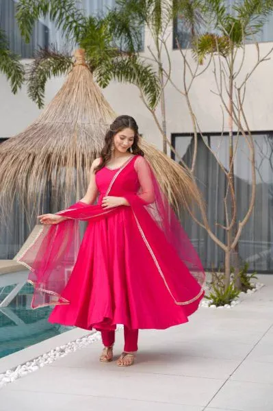 Rani Pink Roman Silk Chanderi Mirror Work Gown - Image 3