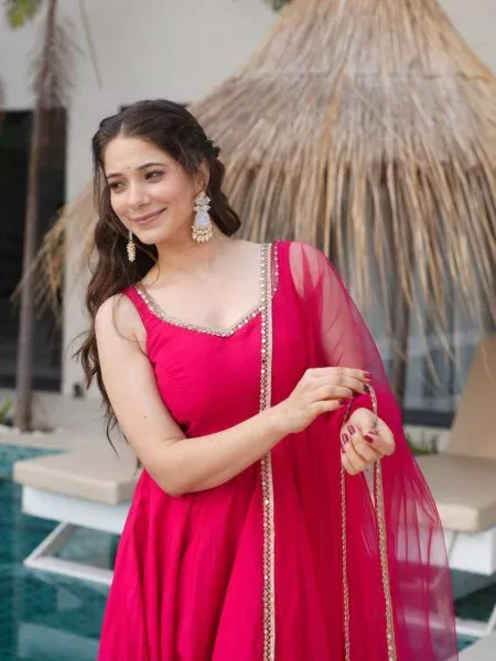 Rani Pink Roman Silk Chanderi Mirror Work Gown - Image 2