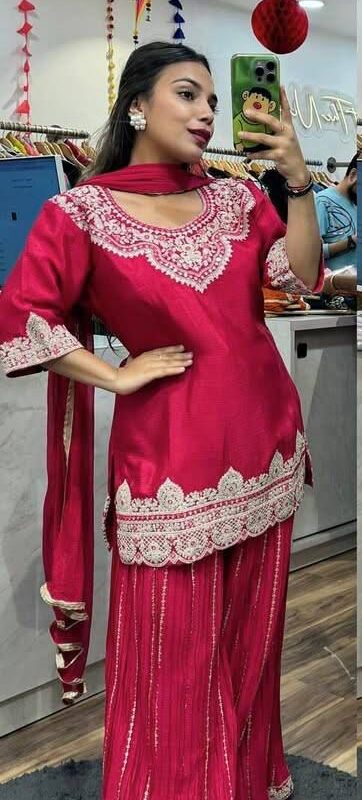 Red Chinnon Silk Lace Embroidery Work Salwar Suit