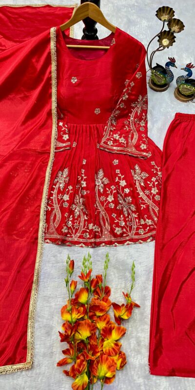 Red Chinon Silk Lace Embroidery Work Salwar Suit