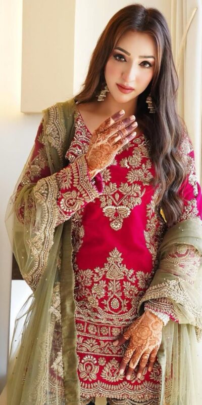 Red Faux Georgette Bead Embroidery Work Salwar Suit