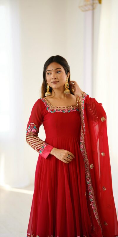 Red Georgette Multi Thread Work Gown