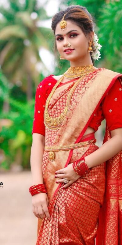 Red Soft Lichi Silk Lace Border Work Saree