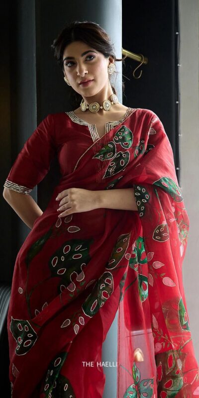 Red Soft Organza Zardosi Pitha Work Saree