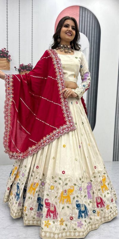 Red Tissue Silk Cut Lace Work Lehenga Choli