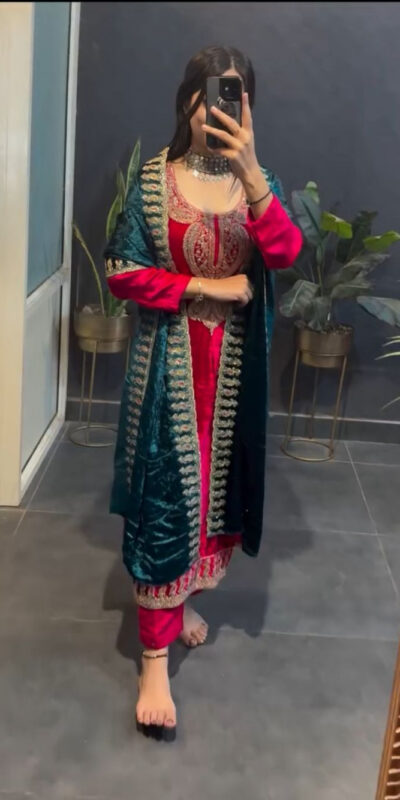 Red Viscose Velvet Lace Embroidery Work Salwar Suit