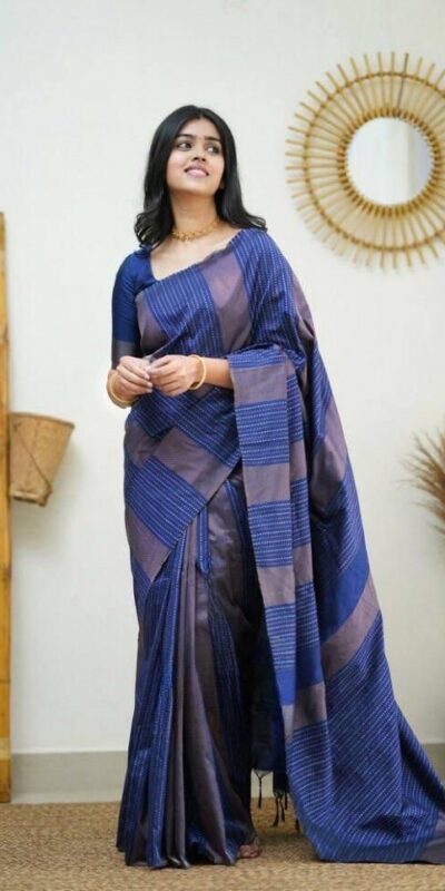 Royal Blue Soft Lichi Silk Rich Pallu Work Border Saree