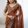 Rust Fandy Chiffon Embroidery Work Saree