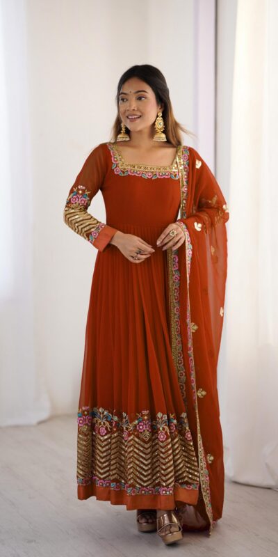 Rust Georgette Multi Thread Work Gown