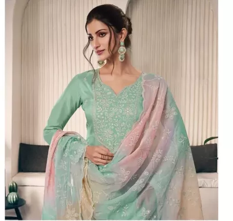 Sea Green Vichitra Digital Print Embroidery Work Salwar Suit - Image 2