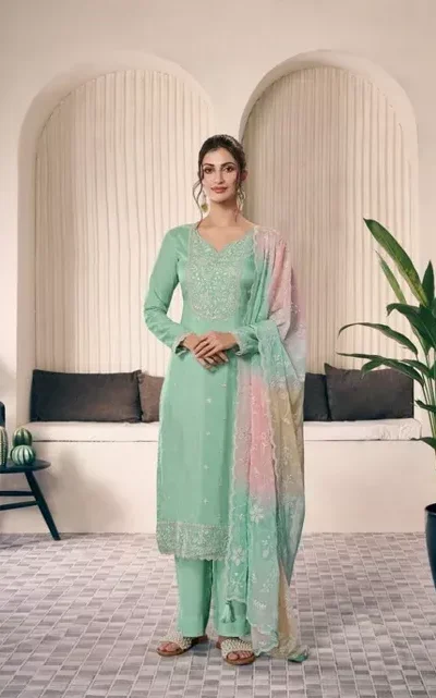 Sea Green Vichitra Digital Print Embroidery Work Salwar Suit