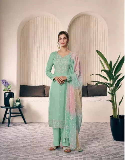 Sea Green Vichitra Digital Print Embroidery Work Salwar Suit